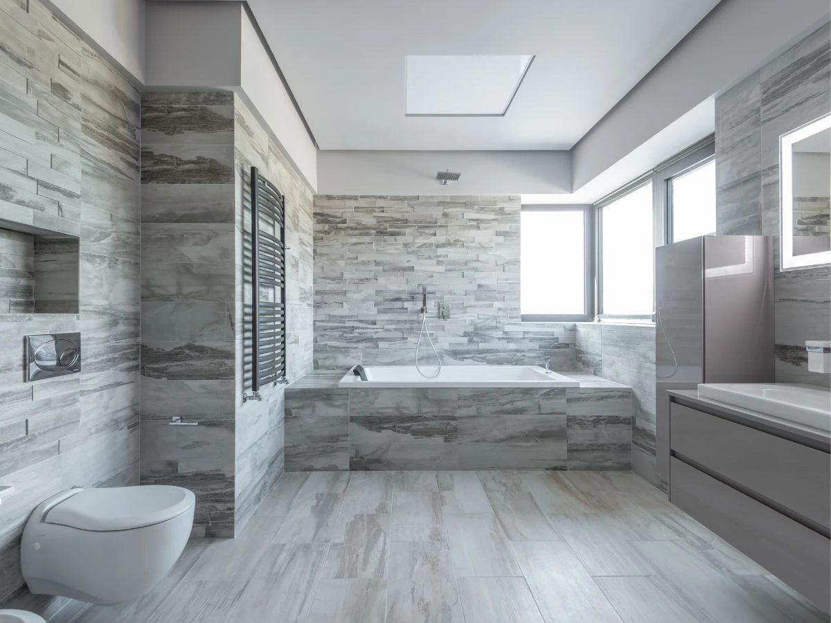 a stylish, modern newcastle bathroom using slate effect floor tiles